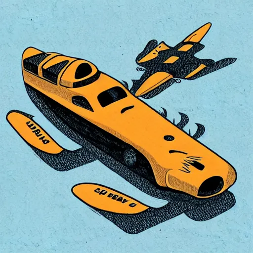 Prompt: ambiguous figure illustration with a racecar and a submarine, hand drawn