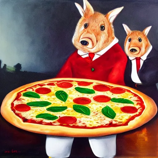 Prompt: ' pizza in the shape of italy. wild boars in suit. oil painting'