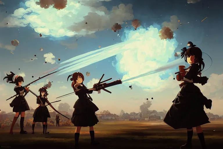 Image similar to baroque oil painting of anime key visual concept art of anime maids using artillery firing at enemy lines, smoke debris, grimdark steampunk fantasy, pleasant battlefield, trending on artstation, brush strokes, oil on canvas, style of makoto shinkai and greg rutkowski and studio ghibli