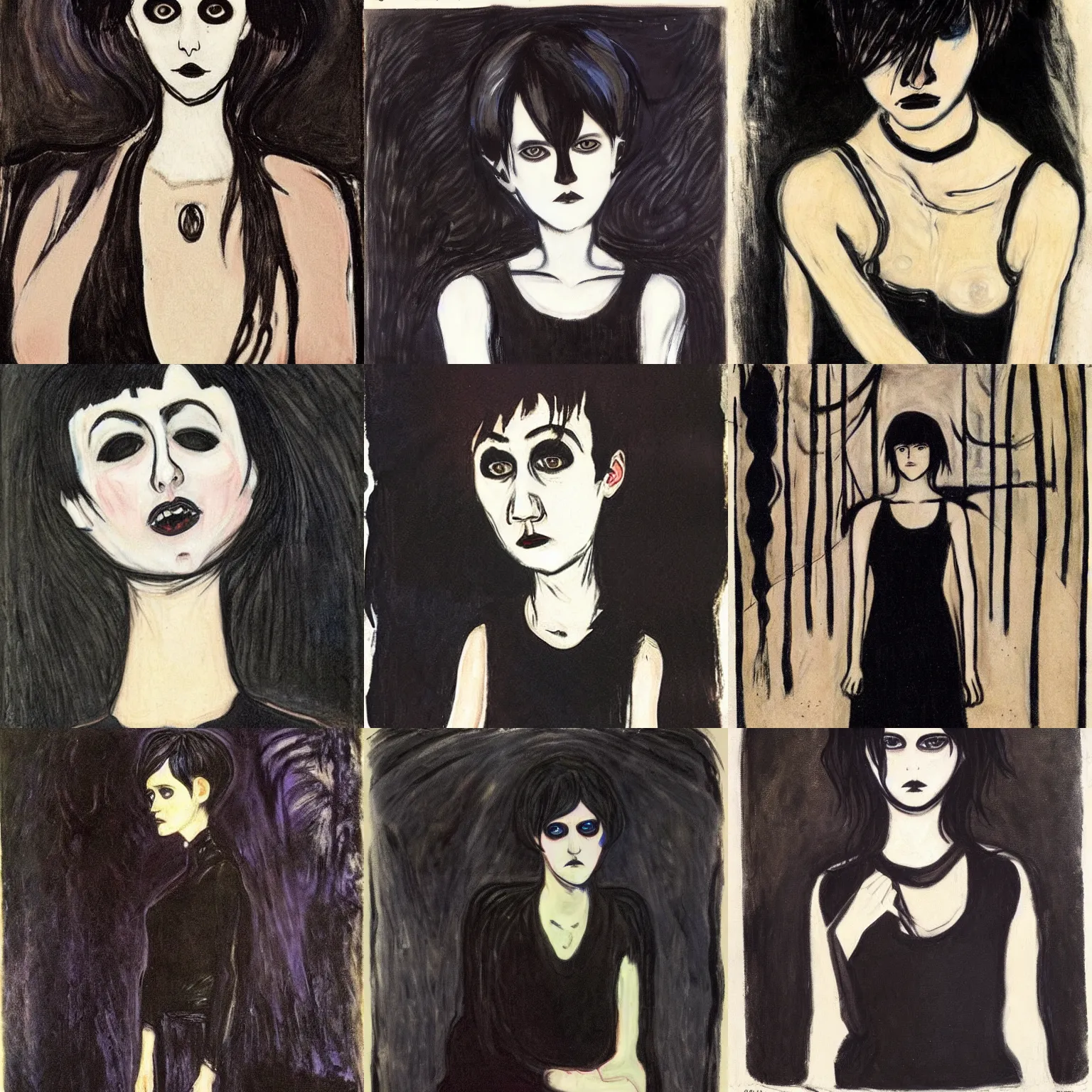Prompt: an emo by edvard munch. her hair is dark brown and cut into a short, messy pixie cut. she has large entirely - black evil eyes. she is wearing a black tank top, a black leather jacket, a black knee - length skirt, a black choker, and black leather boots.