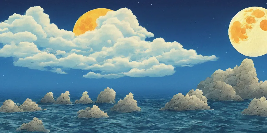 Prompt: ghibli sytle, moon light of the sea, cloud sky background, high detail,