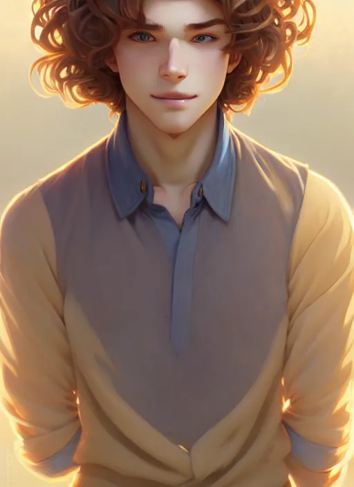 Image similar to young man with medium - length, curly, golden hair, perfectly proportioned face, aquamarine eyes, sweet smile, natural lighting, path traced, highly detailed, high quality, cartoon, digital painting, by new haicheng and ross tran and studio ghibli and alphonse mucha