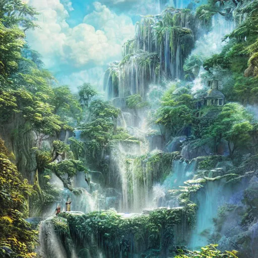 Image similar to water elemental mansion, watery aspect on everything,architecture photography,Studio Ghibli,color grading and detail showcase,insanely detailed painting by james gurney