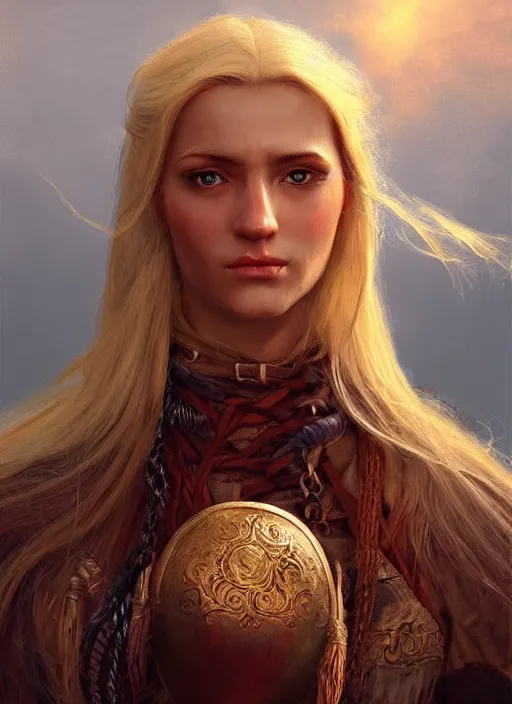 Image similar to blonde peasant woman, fantasy, medieval, vivid colors, fantasy, elegant, concept art, sharp focus, beautiful face!!, digital art, hyper - realistic, 4 k, unreal engine, highly detailed, hd, dramatic lighting by brom, trending on artstation