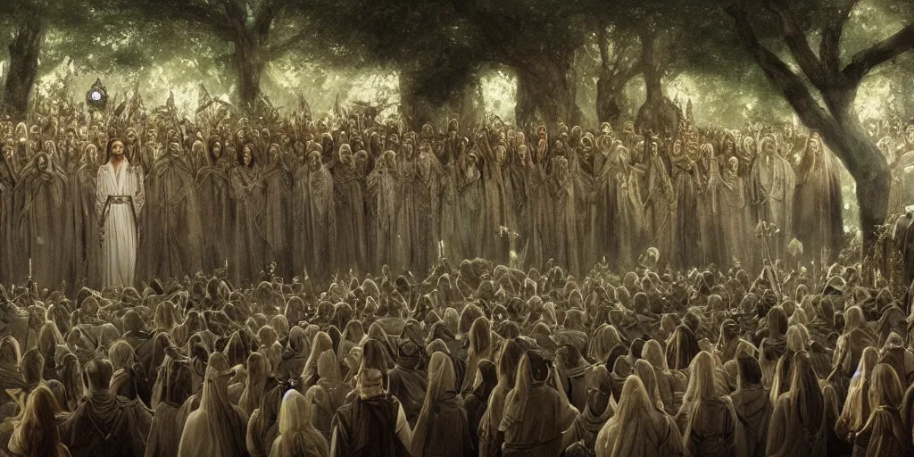 Image similar to Aragorn being crowned king under the white tree of Minas Tirith with a crowd of elves, lord of the rings, godrays, detailed painting, bloom, artstation