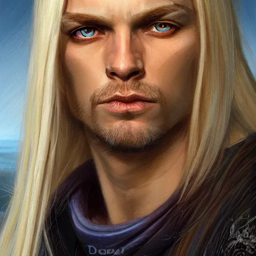 Prompt: 2 7 year old male with blue eyes and long straight blonde hair as a fantasy d & d character, closeup portrait art by donato giancola and greg rutkowski, face, digital art, trending on artstation, symmetry!!