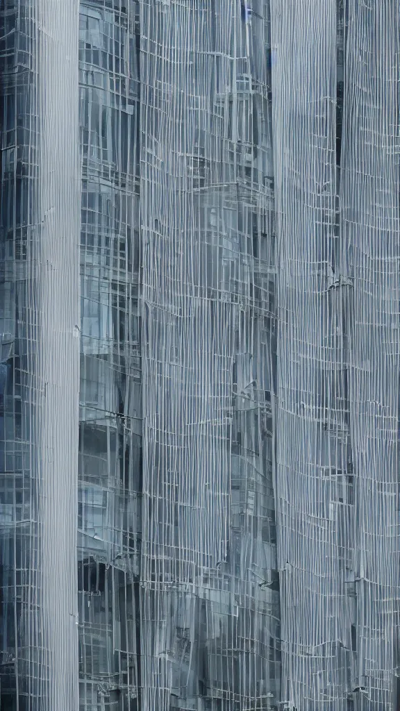 Prompt: hyperrealistic photo of a futuristic building in a urban setting. the building has many deep vast balconies with many thin random columns and large windows behind. parts of the building are wrapped in billowing fabric. the fabric is translucent mesh. the fabric hangs from each balcony. sharp focus. 8 k