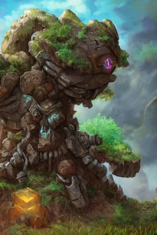 Image similar to zelda fantasy art giant golem troll wood rock greeble gemstone, global illumination ray tracing hdr fanart arstation by sung choi and eric pfeiffer and gabriel garza and casper konefal