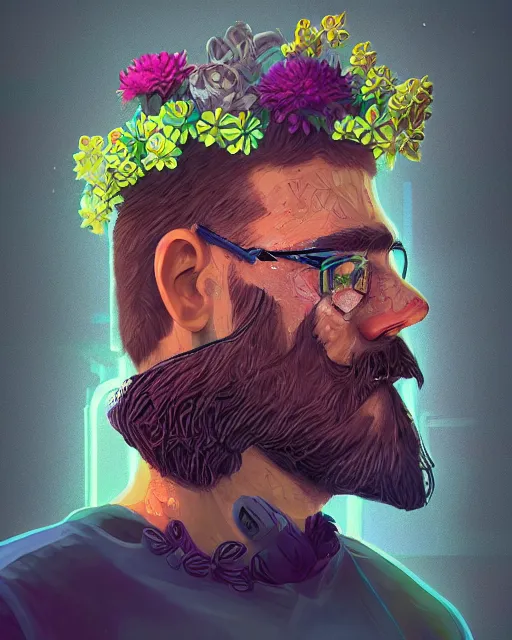 Prompt: a realistic ultradetailed digital painting of a man with flowers in his beard, profile, cyberpunk art by beeple, behance contest winner, retrofuturism, voxel art, # pixelart, dystopian art