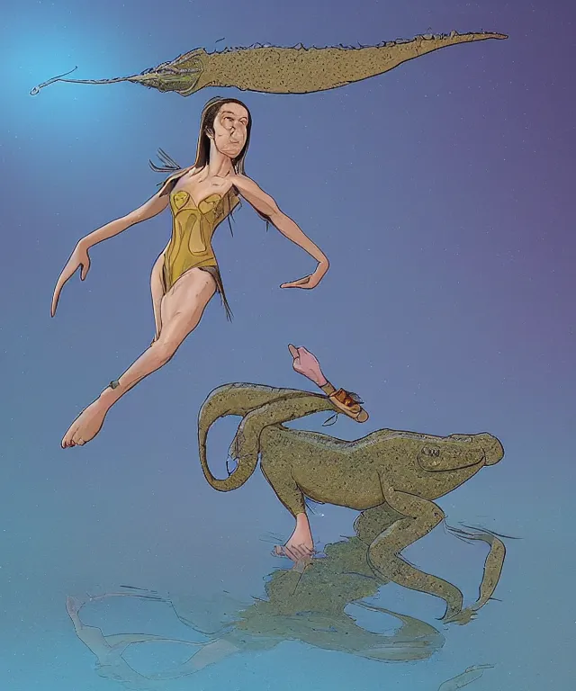 Image similar to the amiable, uneducated female anthropomorphic mudskipper martial artist searching for purpose. she has a leggy build. her wardrobe is dignified. in the style of jean giraud in the style of moebius trending on artstation deviantart pinterest photorealistic hd 8 k highlights and shadow detailed high resolution