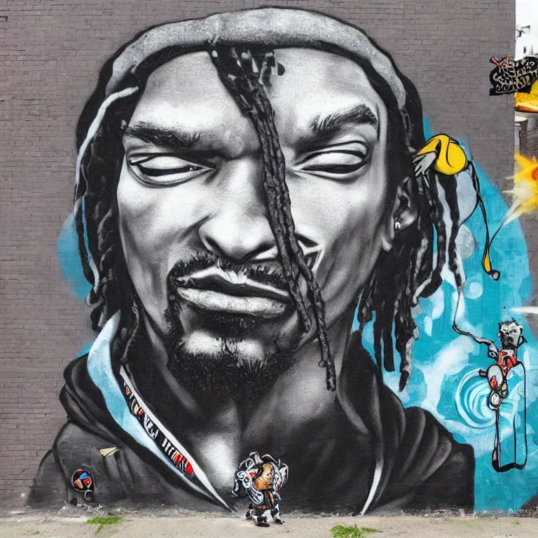 Image similar to Street-art portrait of Snoop Dog as a Pokemon Trainer in style of Banksy, photorealism