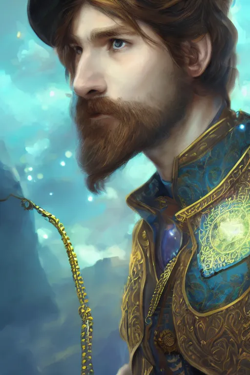 Prompt: beautiful portrait of a handsome young male wizard wearing a fancy blue tunic, golden medallion around neck, art by wlop and artgerm, steampunk fiction, detailed eyes, long dark brown hair in ponytail, space background, artstation, sharp focus, illustration, caustics, octane render, 4 k, radiant light