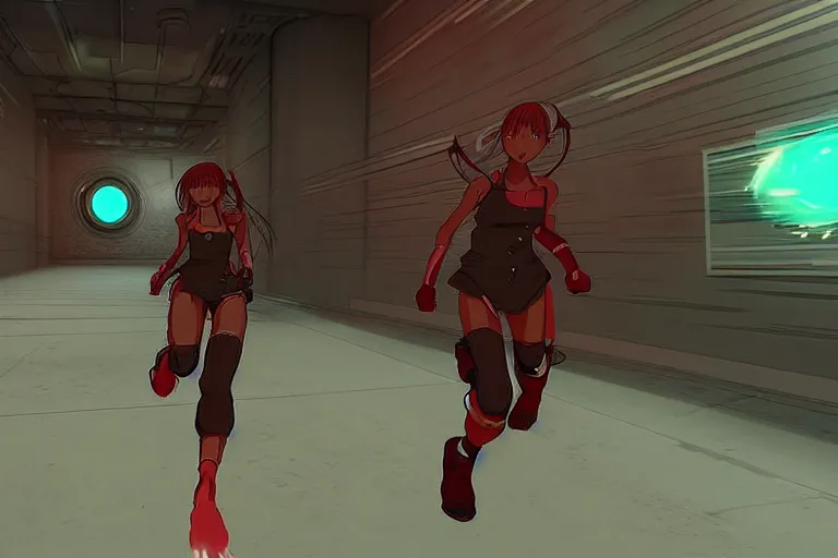 Image similar to an anime girl in a screenshot of the video game doom, the anime girl is running