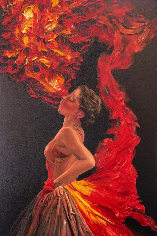 Image similar to oil painting of spanish flamenco dancer wearing a red dress made of flowers engulfed in flames, she's standing waist deep in water, dimly lit, looking away, dark shadows, ethereal, foggy, moody, surreal