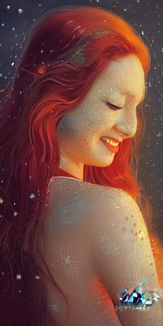 Image similar to lovely woman, serene smile surrounded by golden firefly lights, amidst nature fully covered by a intricate detailed dress, long red hair, precise linework, accurate green eyes, small nose with freckles, smooth oval shape face, empathic, expressive emotions, dramatic lights spiritual scene, hyper realistic ultrafine art by artemisia gentileschi, jessica rossier, boris vallejo