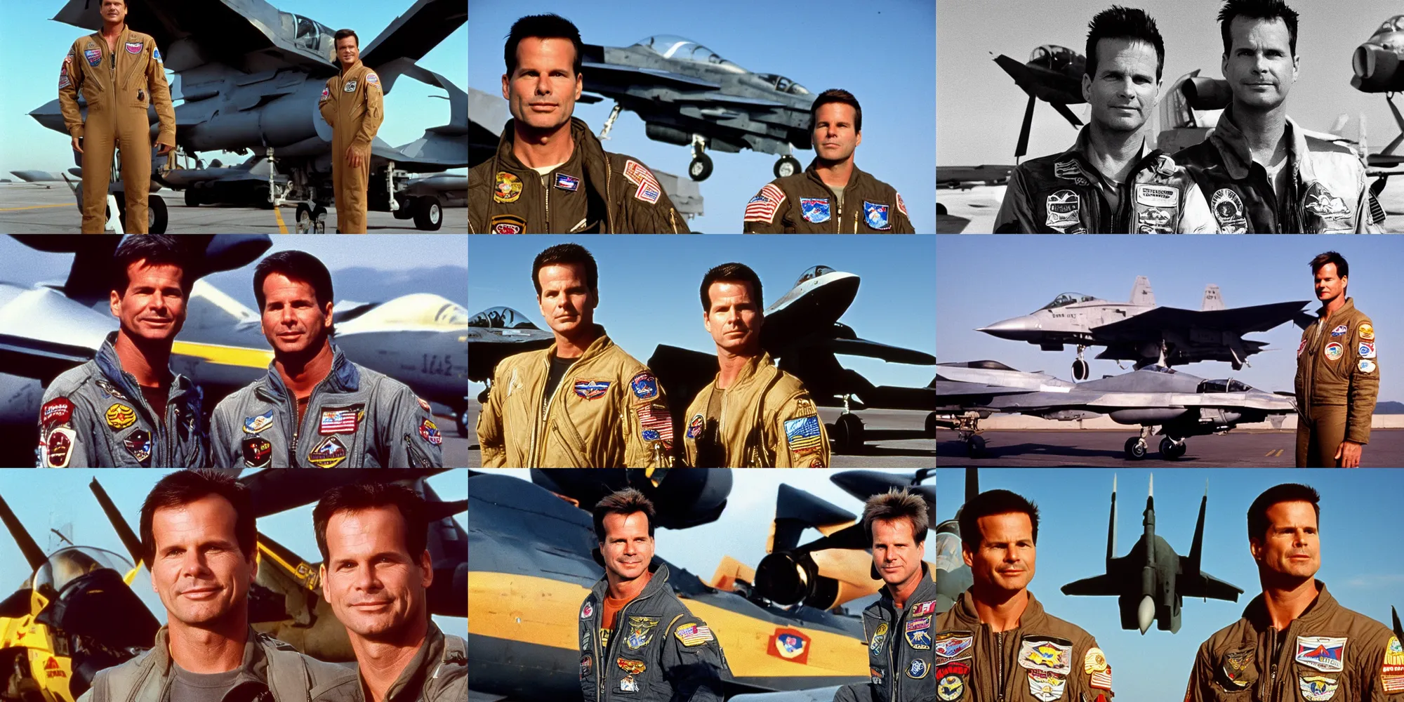 Prompt: Portrait 30 year old Bill Paxton, with flat top hair style standing next to an F14 plane, golden hour, film still from Top Gun 1986