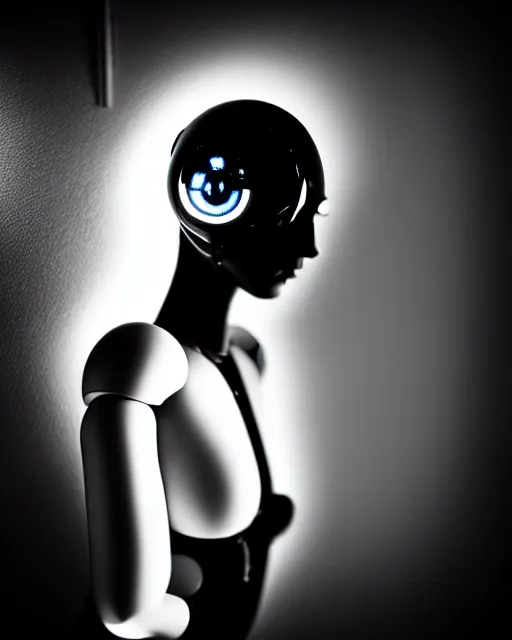 Image similar to black and white high quality photo of a female AI-cyborg-doll looking into a sci-fi mirror, volumetric lighting, hyperdetailed, masterpiece, elegant, dark, in the style of Man Ray,