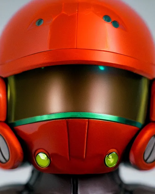 Image similar to helmet portrait of a figurine of samus aran's varia suit from the sci - fi nintendo videogame metroid. glossy. red round helmet, orange shoulder pads, green visor. shallow depth of field. suit of armor.