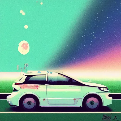 Image similar to a car by inio asano, beeple and james jean, aya takano color style, 4 k, super detailed, night sky, digital art, digital painting, celestial, majestic, colorful