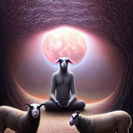 Image similar to an anthromorphic wolf sheppard with 2 sheep meditating in a zen garden with a waterfall under the blood moon, by Adi granov and afarin sajedi and amanda sage and evgeni gordiets and Agostino Arrivabene and adonna khare in a psychedelic portrait style, ultrarealistic matte painting, volumetric lighting, fractal, extremely symmetrical, highly detailed face, orisha, 8k, hd