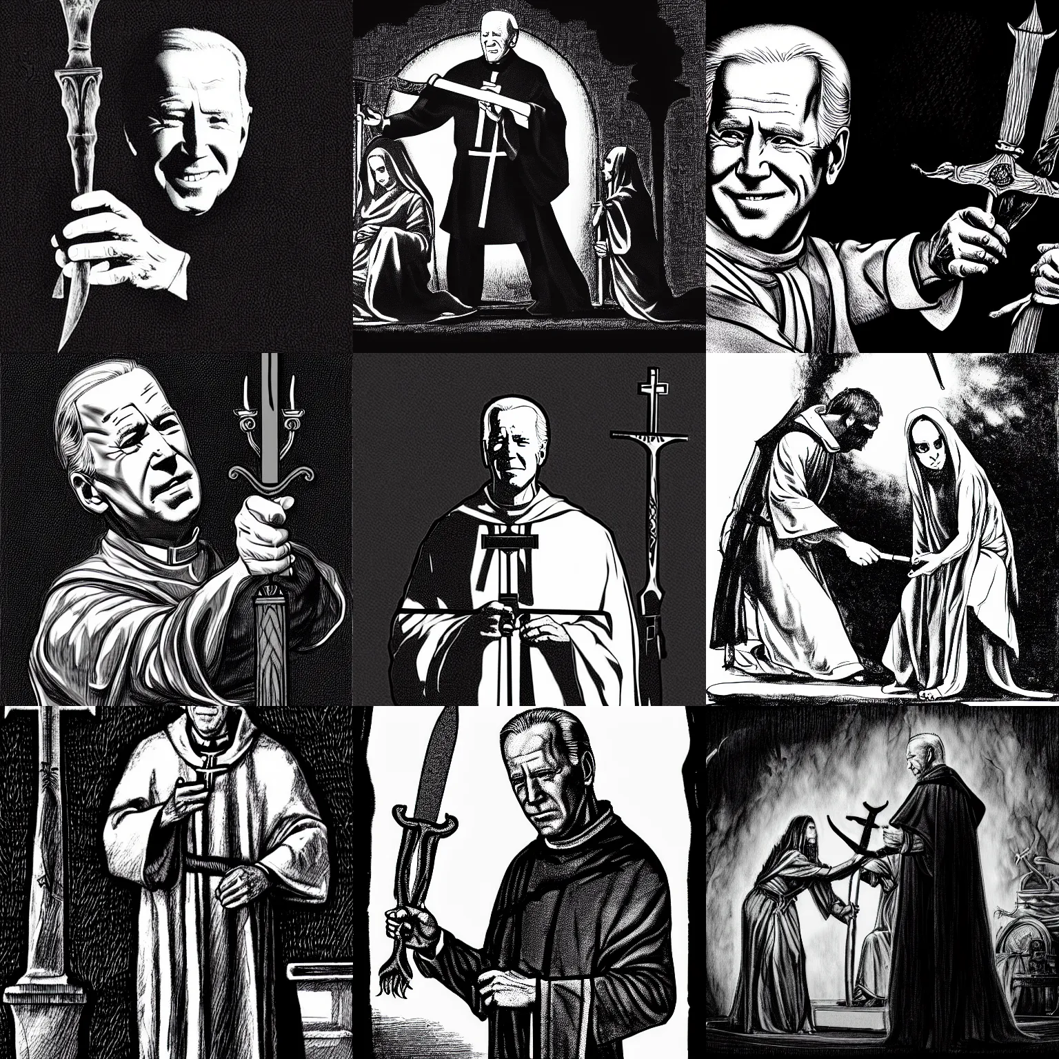 Prompt: pen and ink portrait of a joe biden as a catholic priest holding a dagger and about to sacrifice a bound female victim on an occult altar, horror, impressive scene. grainy and rough. black and white colour scheme. beautiful artistic detailed digital art