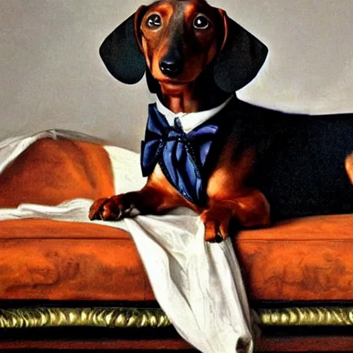 Prompt: a dachshund wearing a bow tie on a victorian couch, an oil painting by caravaggio, epic lighting