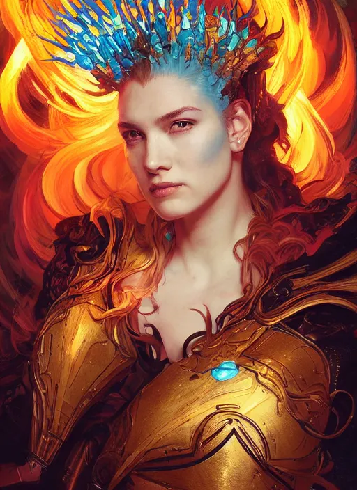 Prompt: head and shoulders portrait of a female knight, angry, fire, cyan spike aura in motion, floating pieces, painted art by tsuyoshi nagano, greg rutkowski, artgerm, alphonse mucha, spike painting