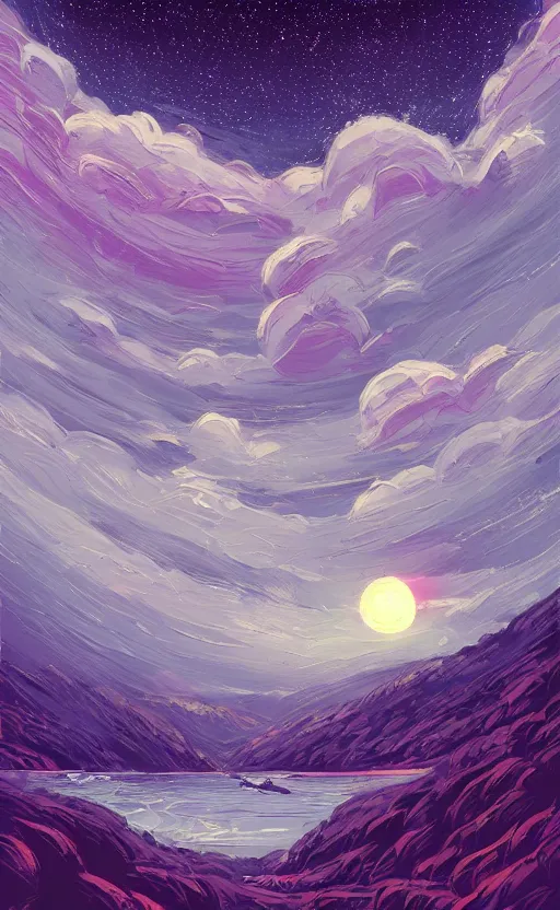 Image similar to a beautiful illustration of the shire at night, art of alena aenami, featured on artstation, vertical orientation, paint brush strokes, expressionism, brushstroke - laden, breathtaking clouds, birds, ocean, beautiful stars, long exposure, big moon radius, airy midnight theme, blue purple gradient, lens flare