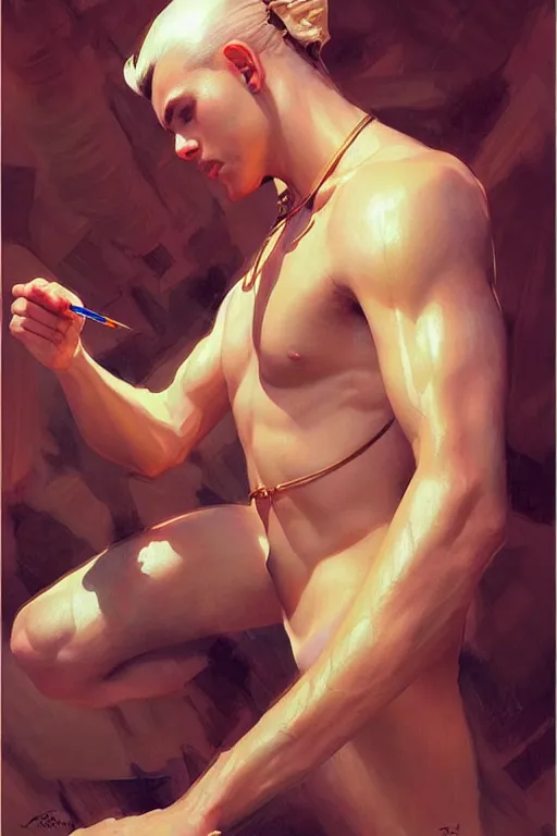 Image similar to male, temple, taoism, painting by greg rutkowski, j. c. leyendecker, artgerm