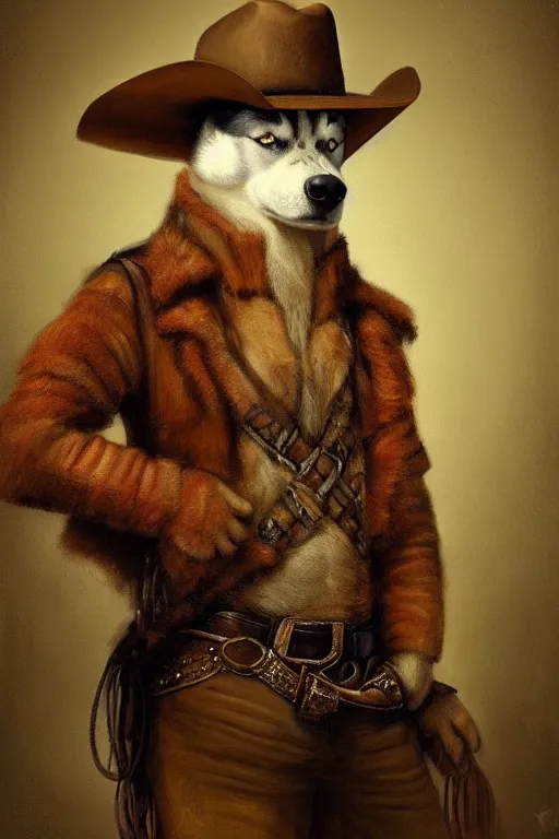 Prompt: a portrait painting of a husky in cowboy costume, wearing a cowboy hat, [ western film ], by rembrandt, humanoid, personify, anthropomorphic, trending on artstation