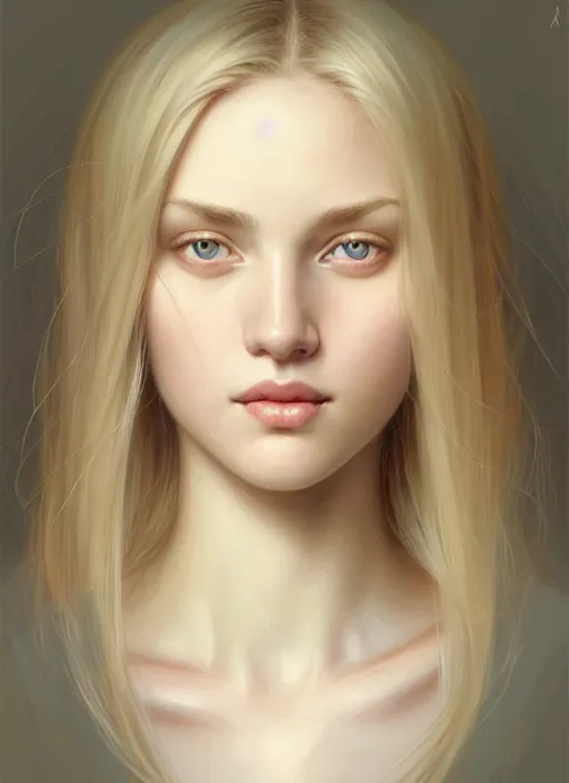 Image similar to beautiful symmetrical face, portrait of young woman blessed with ever - increasing physical and mental perfection, realism, blonde hair, perfect face!! intricate, elegant, highly detailed, vision of holy perfection!! smile, digital painting, artstation, concept art, smooth, sharp focus, illustration, humanity, art by artgerm and greg rutkowski and alphonse mucha