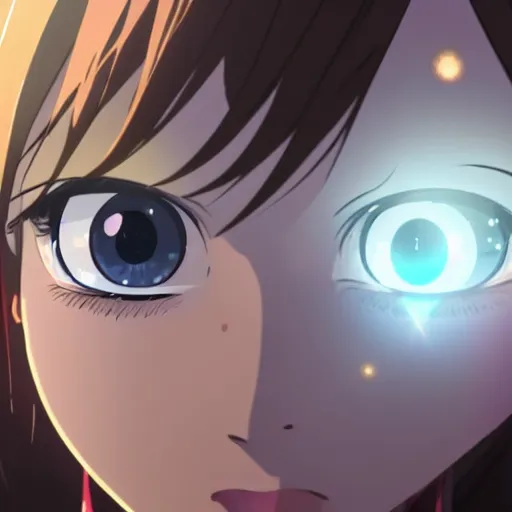 Image similar to girl's eyes, stars are hidden in the eyes, 8 k, stunning, highly detailed, super macro, close - up view, magical, makoto shinkai