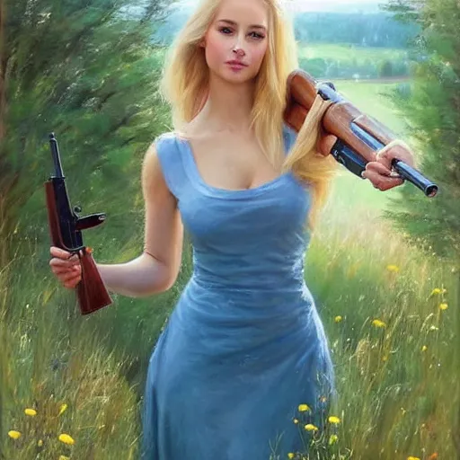 Image similar to mysterious blonde woman in hot dress in the swedish countryside, holding a shotgun!!!, freedom, scenic, beautiful, masterpiece, highly detailed, painting by vladimir volegov