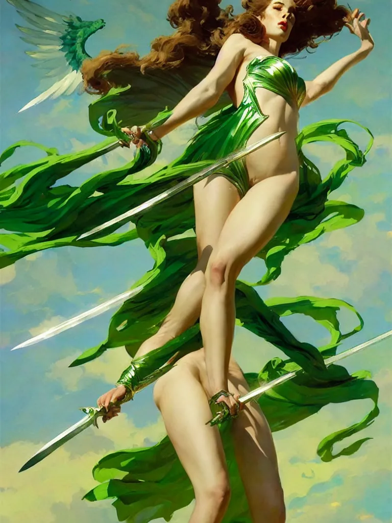 Prompt: greg manchess painting of a goddess of hunt wearing shiny mythical green clothes, green and white long hair, long wings, large angelic sword, soft lighting, single character art, trending on artstation, by huang guangjian and gil elvgren and sachin teng