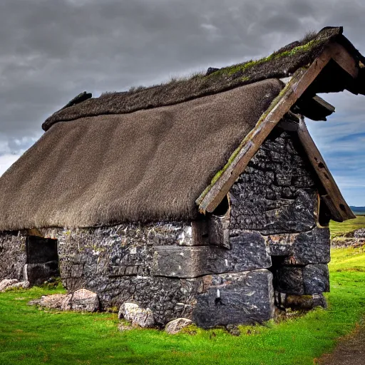 Prompt: ancient scottish blackhouse designed by constantin brodzki., fujinon premista 1 9, 4 5 mm