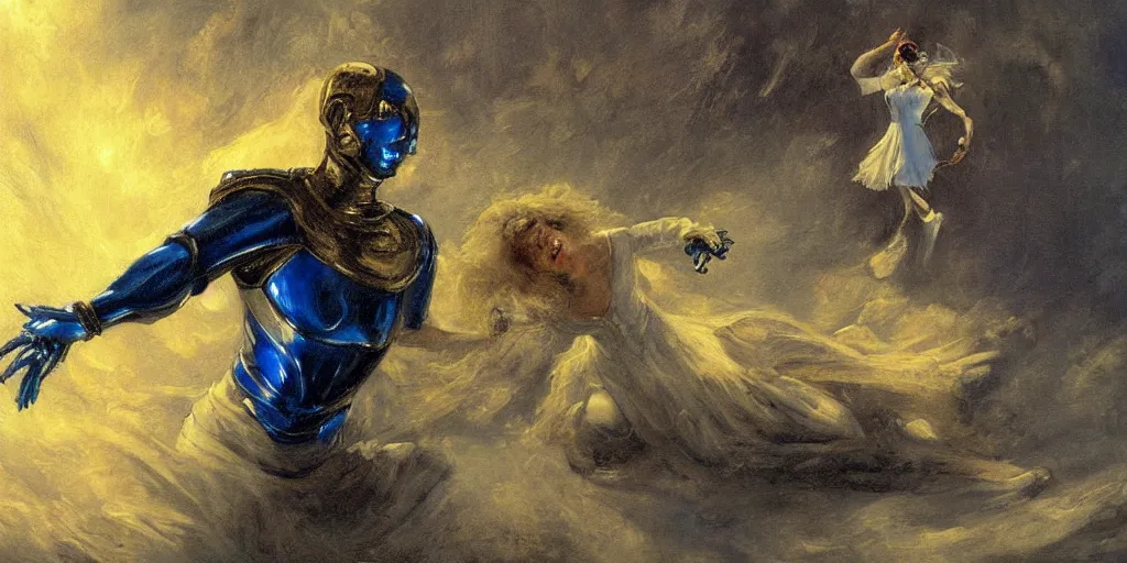 Prompt: futuristic white and gold trimmed android helping a soul escape from hell painted in the style of adolph von menzel 4 k dramatic lightning hd