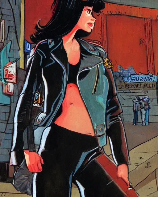 Image similar to young female protagonist in leather jacket, city street, artwork by ralph bakshi