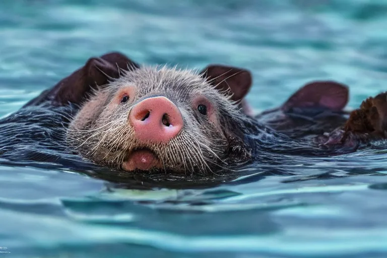 Image similar to a pig sea otter!!! hybrid! hyper realistic!! realistic lighting!! wildlife photographer of the year!!! bold natural colors, national geographic, hd, wide angle, 8 k