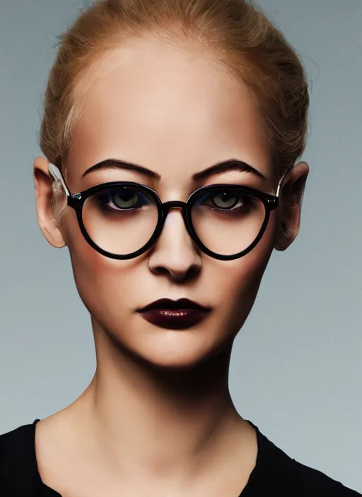 Image similar to a severe french woman with blonde hair tied in a strict bun, spectacles, lots of makeup, rich, character portrait, digital art, high quality, 8 k, detailed, d & d character,