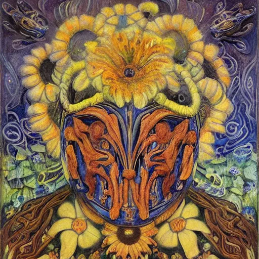 Image similar to masterpiece painting of a facemask made of flowers, by annie swynnerton and jean delville and tino rodriguez and diego rivera and adolf wolfli, flower mask, flower shaman, spooky dark psychedelic, art brut, symbolist, dramatic lighting, god rays, elaborate geometric ornament, clean crisp graphics, soft cool colors, smooth sharp focus, extremely detailed