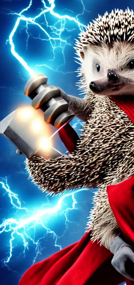 Image similar to the hedgehog thor ~ holding his hammer ~ dramatic thunder background ~ fighting scene ~