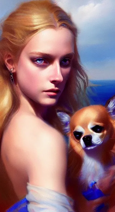 Prompt: full lentgth portrait of a young and beautiful blonde waif with piercing blue eyes, holding three long - haired chihuahuas, dramatic light, gorgeous view, depth, high detail, digital art, painted by greg rutkowski and vogue, trending on artstation