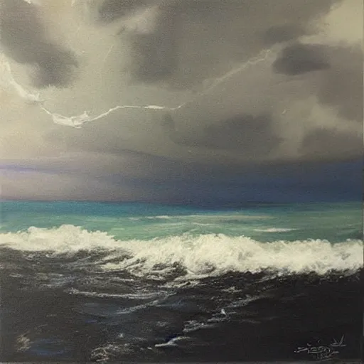 Prompt: “stormy weather by town oil panting”
