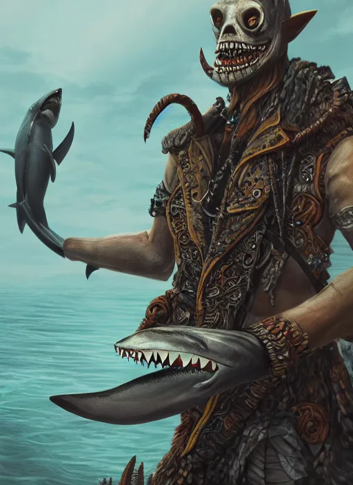 Prompt: detailed full body concept art illustration matte painting of an anthropomorphic shark pirate in full intricate clothing, ultra detailed, digital art, octane render, 4K, dystopian, micro details