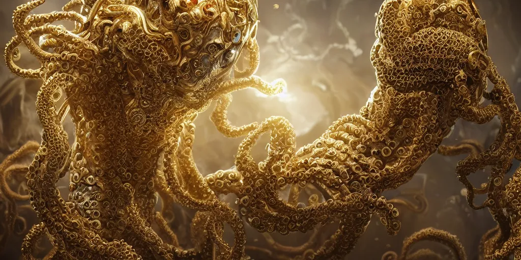 Prompt: a photo of 8k ultra realistic corrupted lovecraftian golden humanoid queen, 8 intricate white and gold tentacles, ornate white and gold armour, cinematic lighting, trending on artstation, 4k, hyperrealistic, focused, high details, unreal engine 5, cinematic, masterpiece