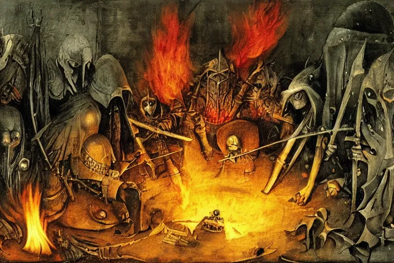 Image similar to dark souls firelink shrine painted by hieronymus bosch