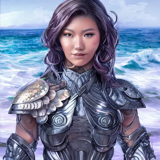 Prompt: fantasy woman wearing an armor covered with seashells emerging from the sea, by Artgerm and Yoshii Chie, medium shot