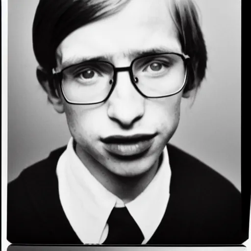 Prompt: Mugshot Portrait of Young Stephen Hawking, taken in the 1970s, photo taken on a 1970s polaroid camera, grainy, real life, hyperrealistic, ultra realistic, realistic, highly detailed, epic, HD quality, 8k resolution, body and headshot, film still, front facing, front view, headshot and bodyshot, detailed face, very detailed face