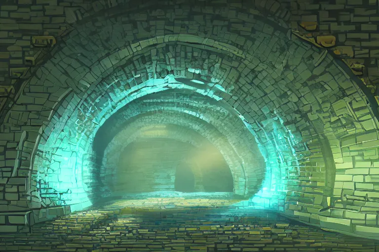 Prompt: Interior design of a sewers tunnel, a channel runs through the center, underground, the tunnel walls are made of bricks, interlacing paths, brass pipes on the walls, a slight green glow emanates from the water, mysterious lighting, vivid cartoony colors, intricate details, Artstation