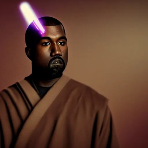 Prompt: Portrait of Kanye West as a jedi in Star Wars, splash art, cinematic lighting, dramatic, octane render, long lens, shallow depth of field, bokeh, anamorphic lens flare, 8k, hyper detailed, 35mm film grain